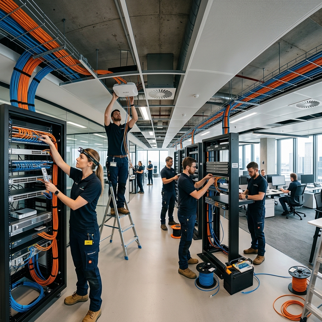 Ingénieur IT configurant un rack serveur lors d'un déploiement sur site client