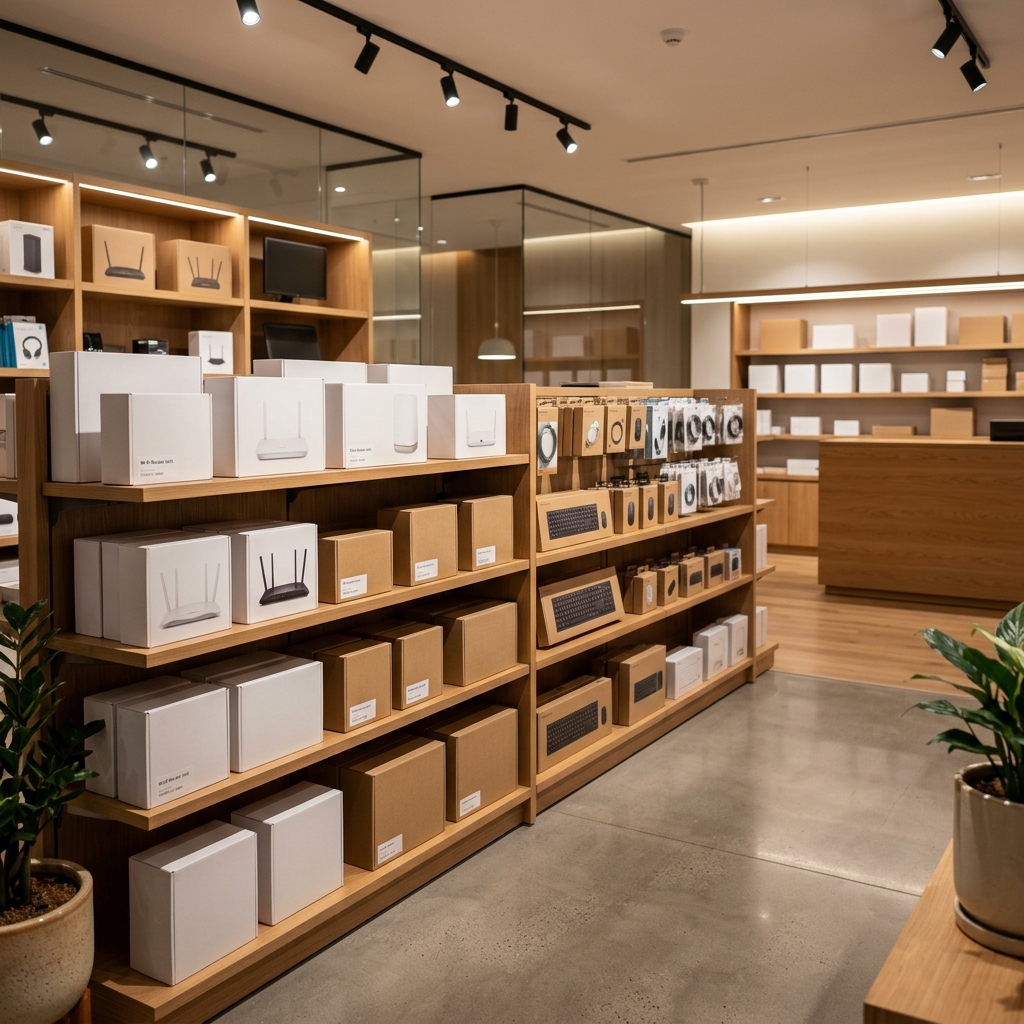 Showroom MaxiStore — équipements réseau, routeurs et périphériques en exposition